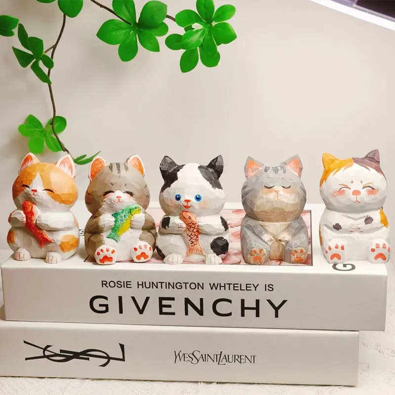 Adorno de Escritorio de Madera Gato de la Suerte Lindo Figura de Animal Pintada a Mano para Decoración de Interiores de Hogar Oficina Coche