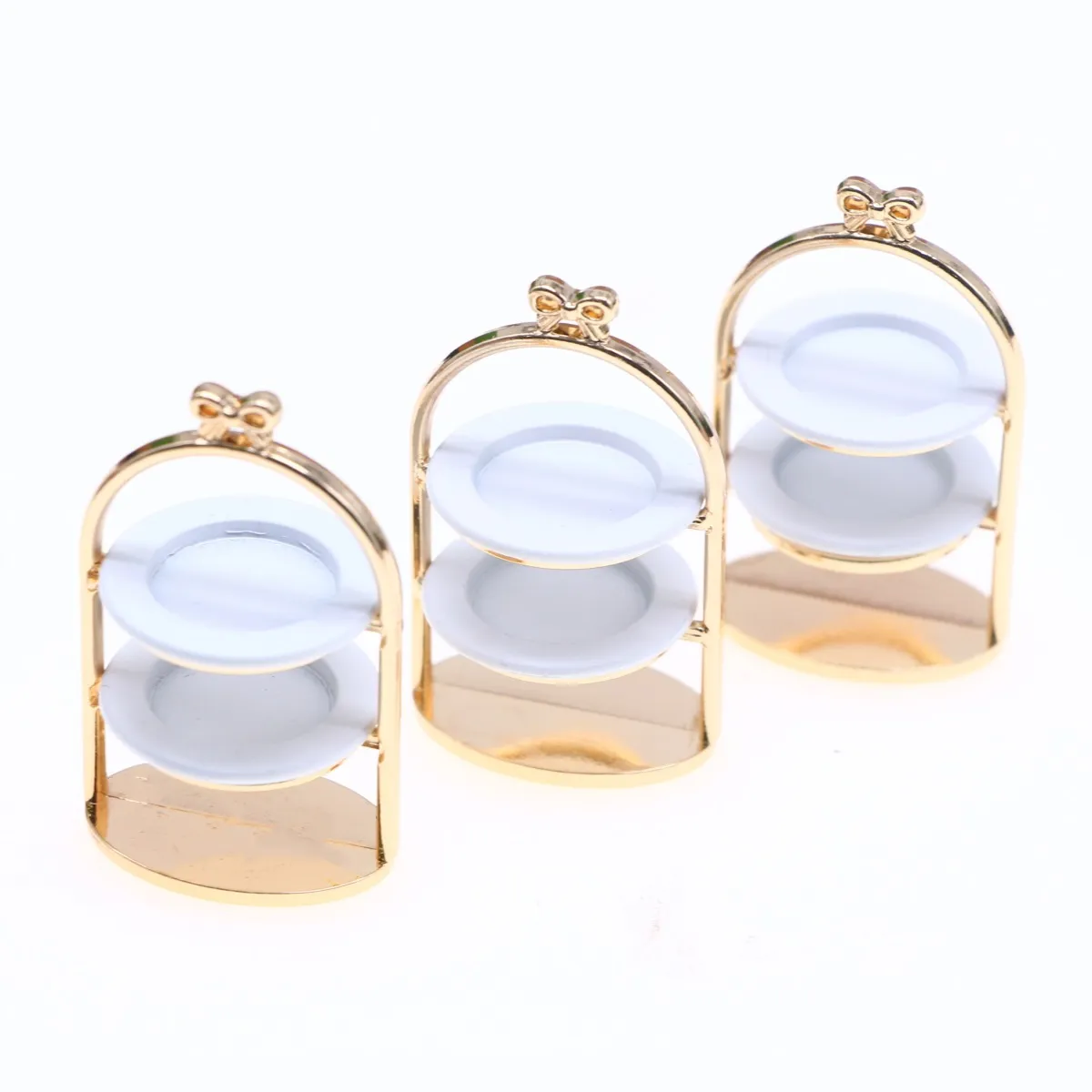 Dollhouse Miniature Présentoir à Dessert en Métal avec Deux Assiettes Or Thé de L'Après-Midi Jouet Accessoires de Maison de Poupée