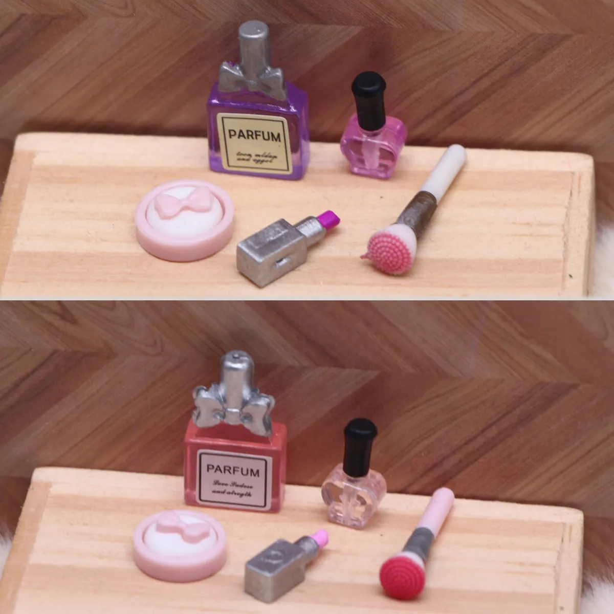Puppenhaus Miniatur Make-up Set Mini Parfüm Lippenstift Puder Pinsel Puppenhaus Szenen Requisiten BJD Mikro Modell Spielzeug