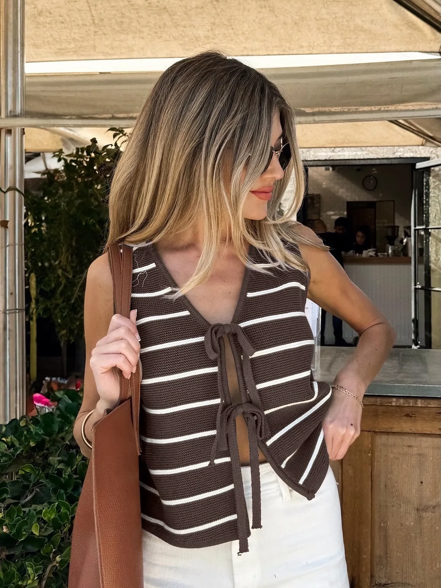 Women Summer Casual Striped Knit Vest V-Neck Lace-Up Sleeveless Sweater Waistcoat Top Polyester Fashion Pullover Clothing