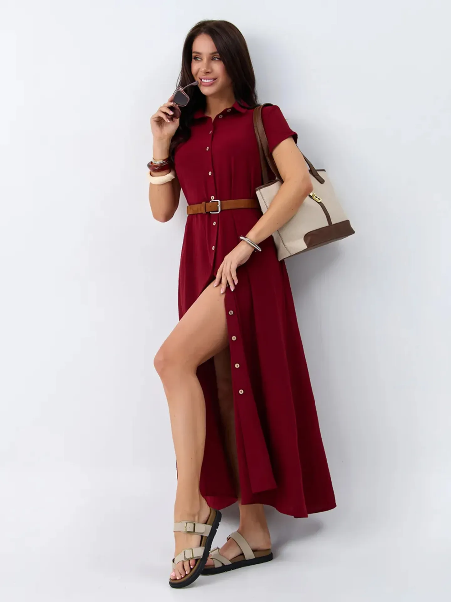 Damen Französisch Einfarbig Minimalistisch Pendeln Slim Fit Lang Kleid Elegant Kurzarm Revers Einreißig Maxi Kleid