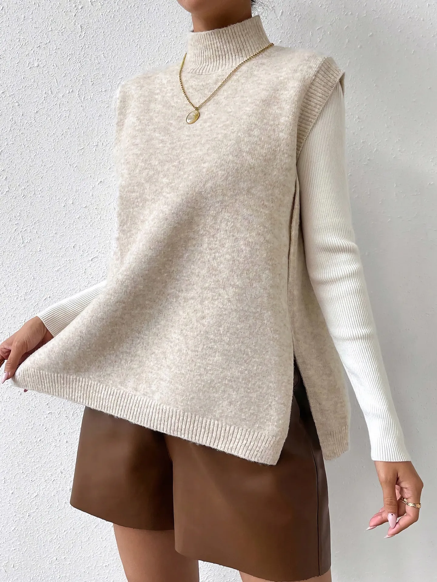 Chaleco de Suéter de Punto sin Mangas con Cuello Cisne Casual de Otoño Invierno para Mujer Color Sólido Pulóver Básico Acanalado