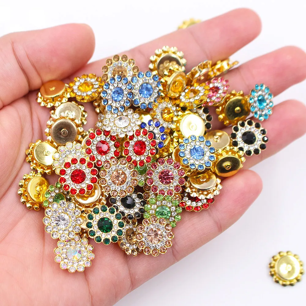 Strass de Girasol para Coser Espalda Plana Vidrio de Cristal Redondo Brillante con Base Dorada Mate para Ropa DIY
