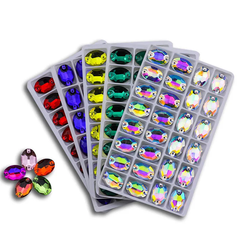 Handgenähte Ovale Flachboden Strasssteine Doppelte Löcher Glaskristalle Bunte DIY Kleidungszubehör Bastelstrass