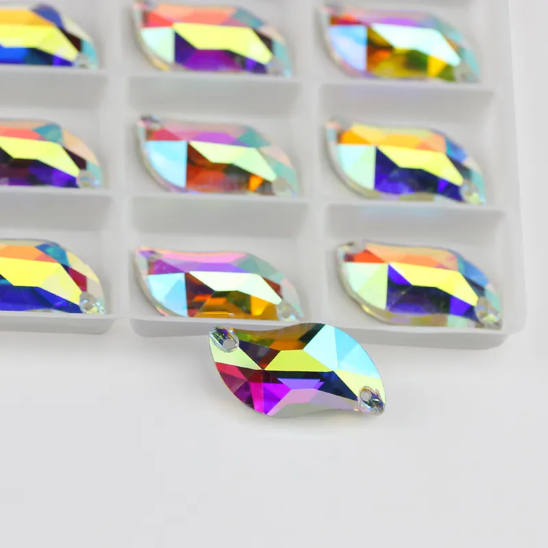 S-Förmige Glas Strasssteine AB Farbe Flache Rückseite Kristall Doppelloch Handgenähte Perlen Für Hochzeitskleid Kleidungsstück DIY Handwerk