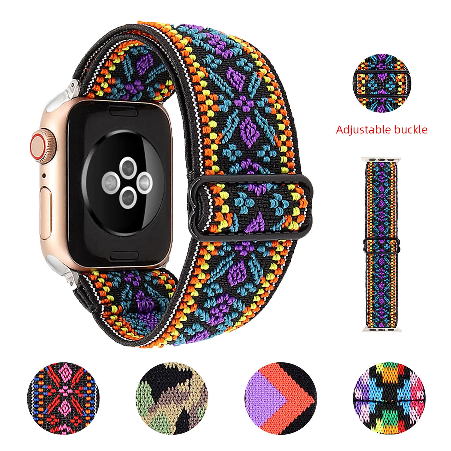 Correa de Reloj Elástica de Nailon Tejido Bohemio Correa de Repuesto Ajustable Compatible con Smartwatch