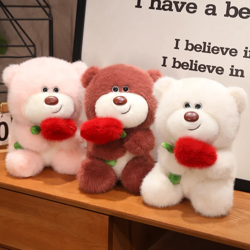 Lindo Oso de Peluche Juguete de Peluche Sujetando Corazón Muñeca de Animal de Forro Polar de Visón Cojín Suave Regalo de San Valentín para Novia