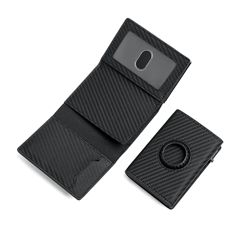 Tarjetero con Bloqueo RFID de Textura de Fibra de Carbono Cartera Pop-Up de Aluminio con Ranura para Rastreador para Hombres Mujeres