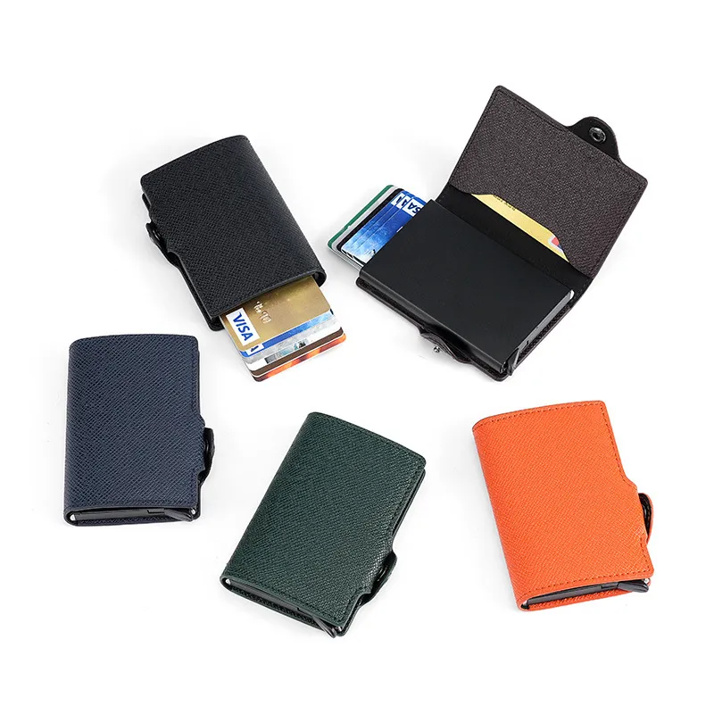 Automatic Pop-up Card Holder RFID Blocking Metal Aluminum Card Case PU Leather Business Credit Card Wallet