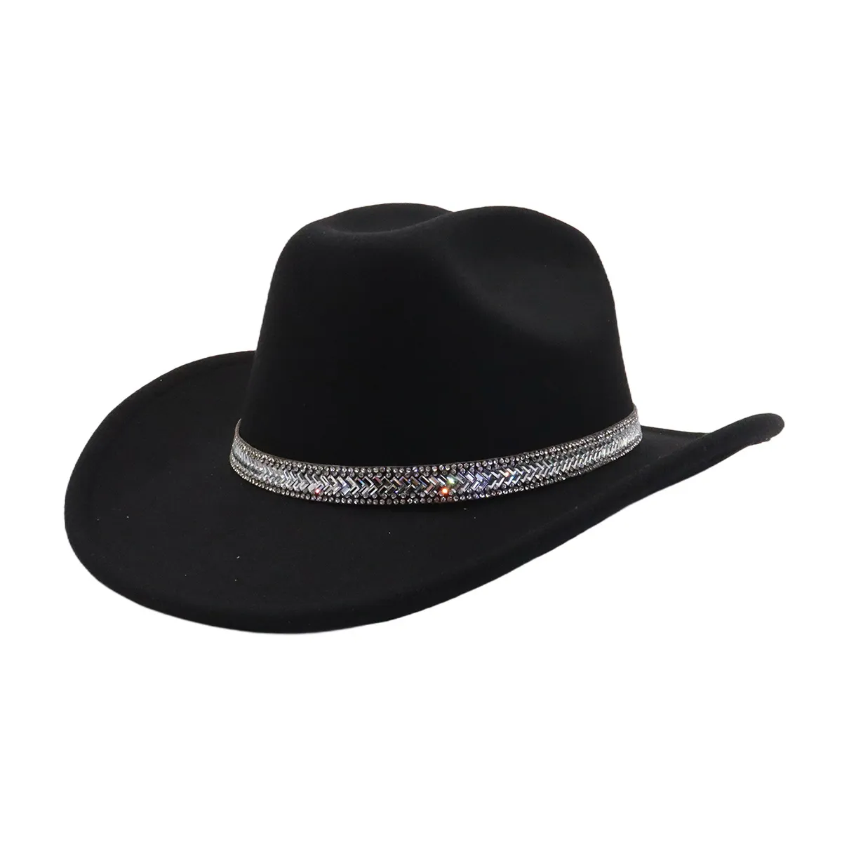 Westerse Cowboyhoed Polyester Materiaal Met Strassversiering Effen Kleur Unisex Mode Jazz Hoed Voor Dagelijks Gebruik