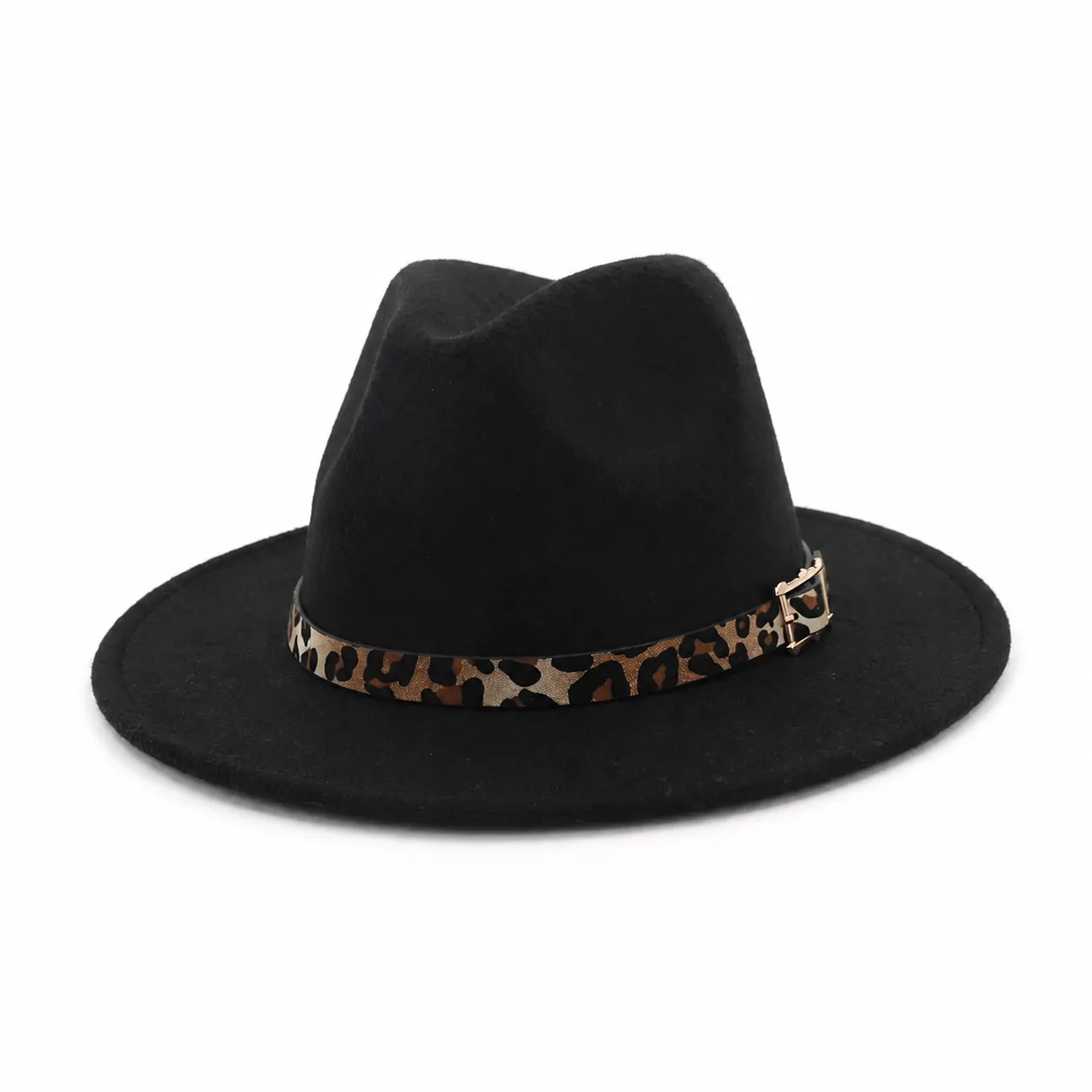 Sombrero Fedora para Mujer de Ala Ancha Plana de Tejido de Lana Fieltro Sombrero Jazz Cinturón Leopardo Accesorios de Moda