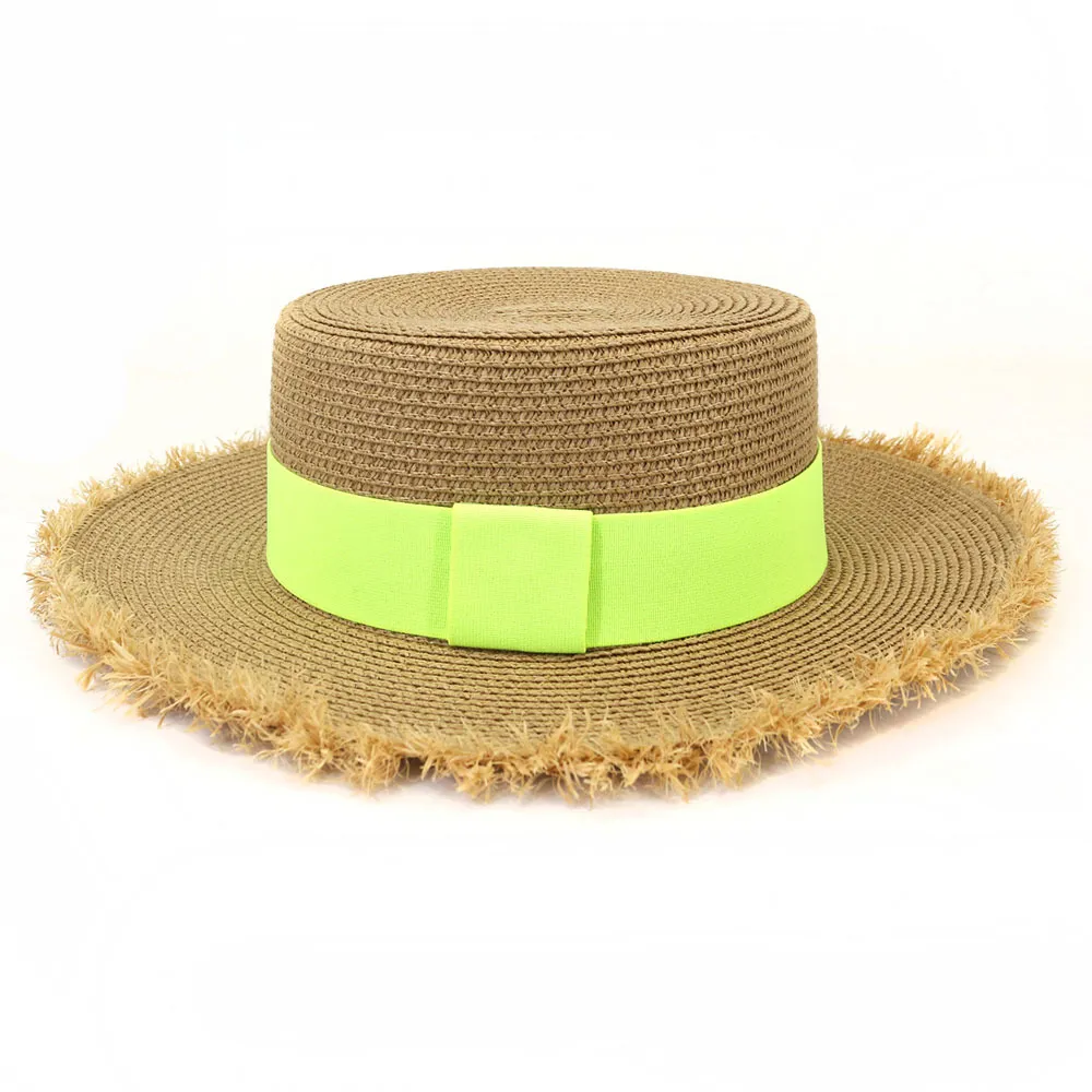 Damen Flacher Top Strohhut Breite Offene Kante Krempe Sonnenschutz Strandkappe Sommerurlaub Mode Hut