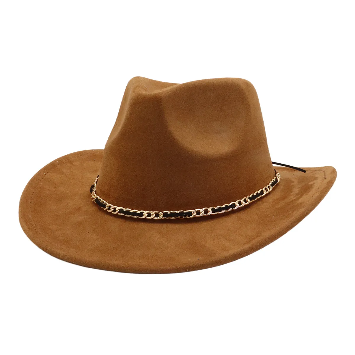Unisex Western Suede Cowboy Hat Vintage Fedora Sun Hat With Metal Chain Decoration For Outdoor Casual Travel Fashion Hat
