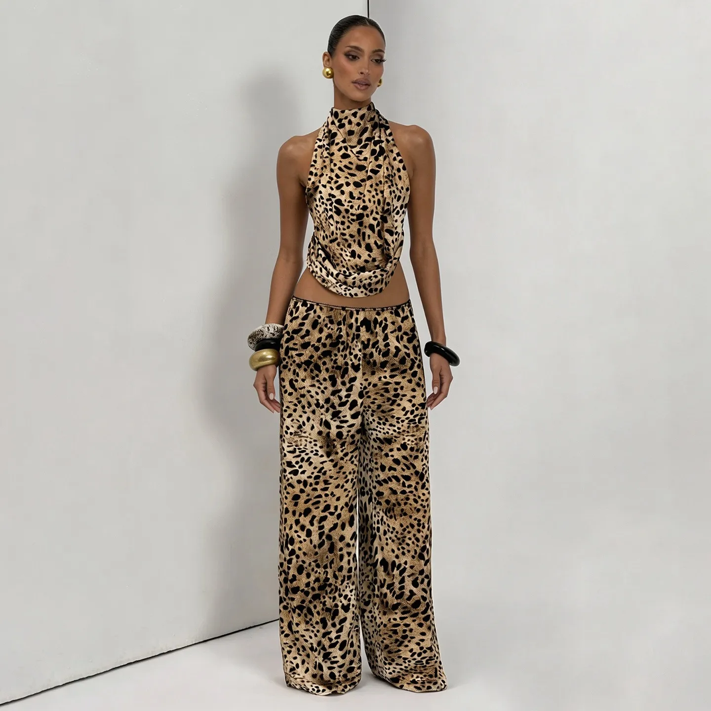 Women's Sexy Leopard Print High Neck Halter Top And Pants Set Backless Sleeveless Top Wide Leg Trousers Casual Outfits Streetwear Co-ords