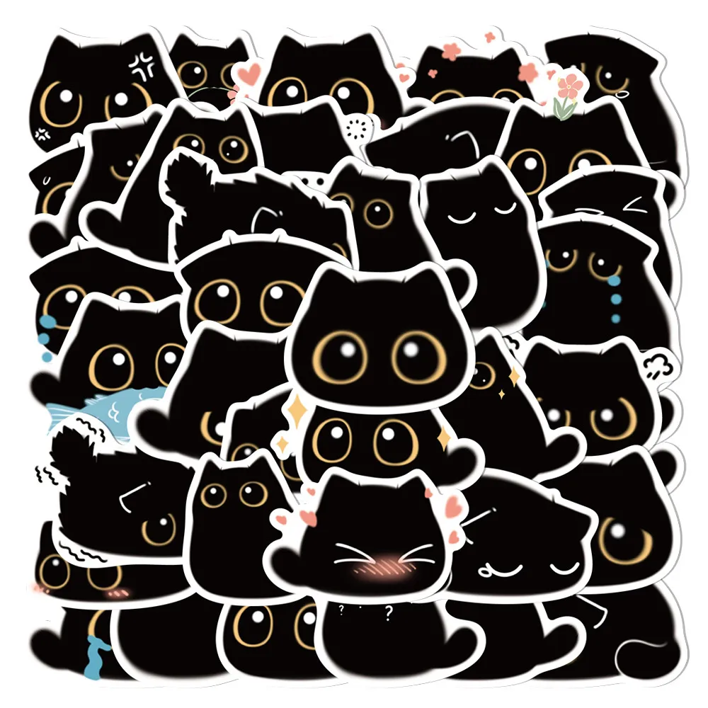 Autocollants Imperméables De Dessin Animé De Chat Noir Mignon Pour Coque De Téléphone Journal Scrapbook Bouteille D'eau