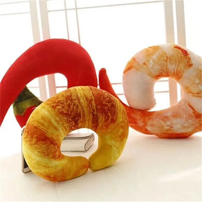 Simulación Chili Croissant Camarón Peluche Almohada en Forma de U Comida Creativa Almohada de Cuello Oficina Cojín de Siesta