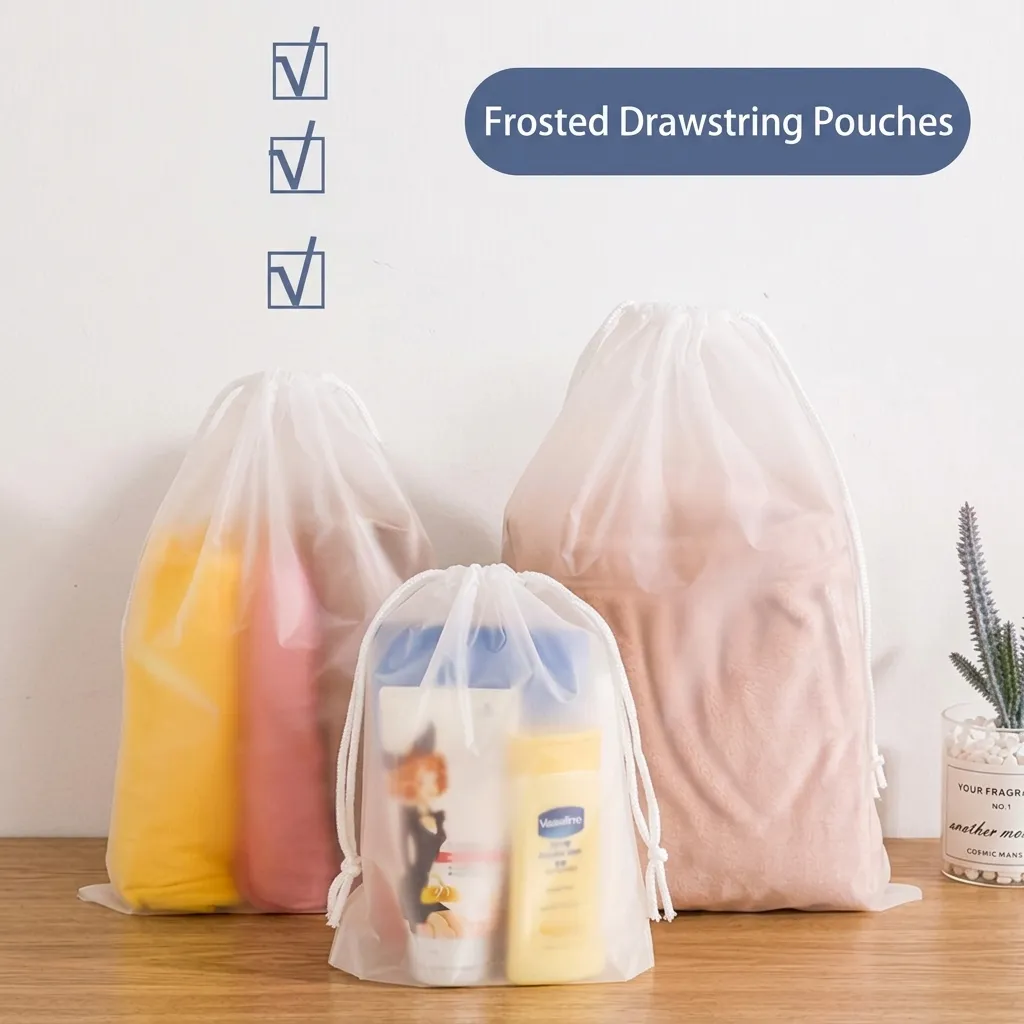 Bolsa con Cordón de Plástico Esmerilado Impermeable Bolsa de Almacenamiento de Viaje Organizador de Ropa Transparente