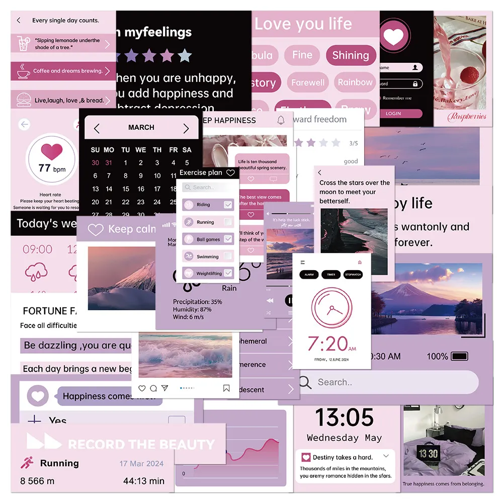 Esthetische Roze Paarse Decoratieve Waterdichte Stickers Voor Notebook Helm Dagboek DIY Ambacht Creatieve Schrijfwaren