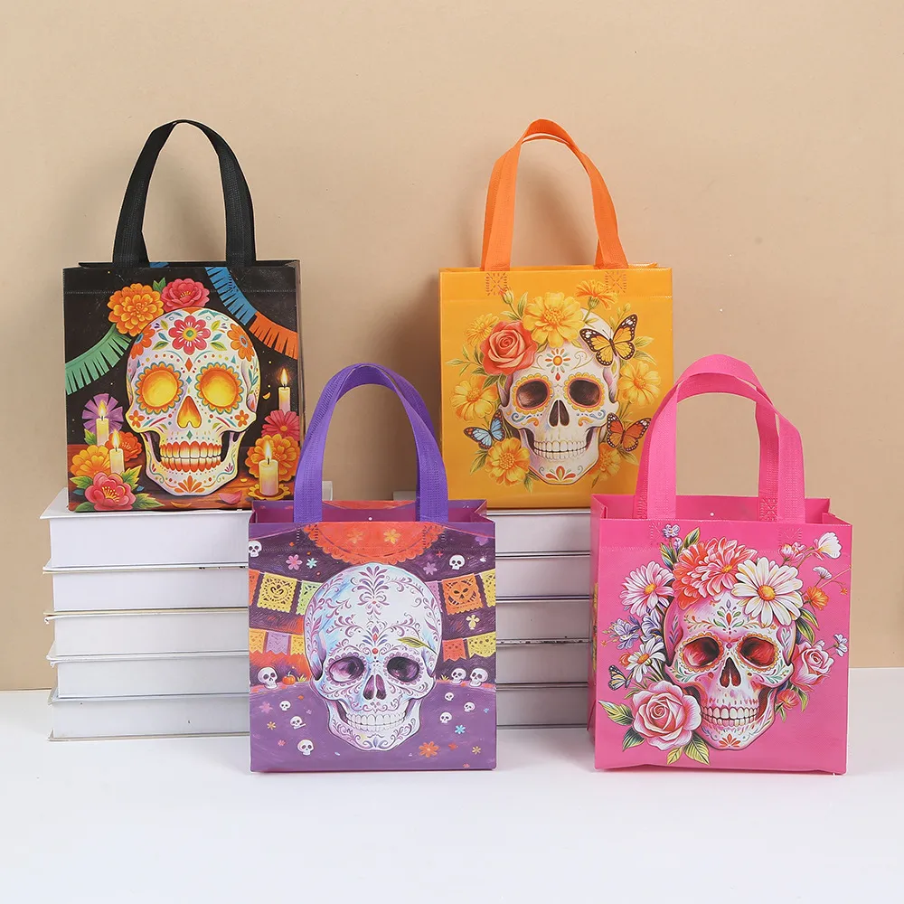 Halloween Day Of The Dead Skull Printed Non Woven Gift Bag Colorful Color Blocking Handheld Packaging Bag Party Decor