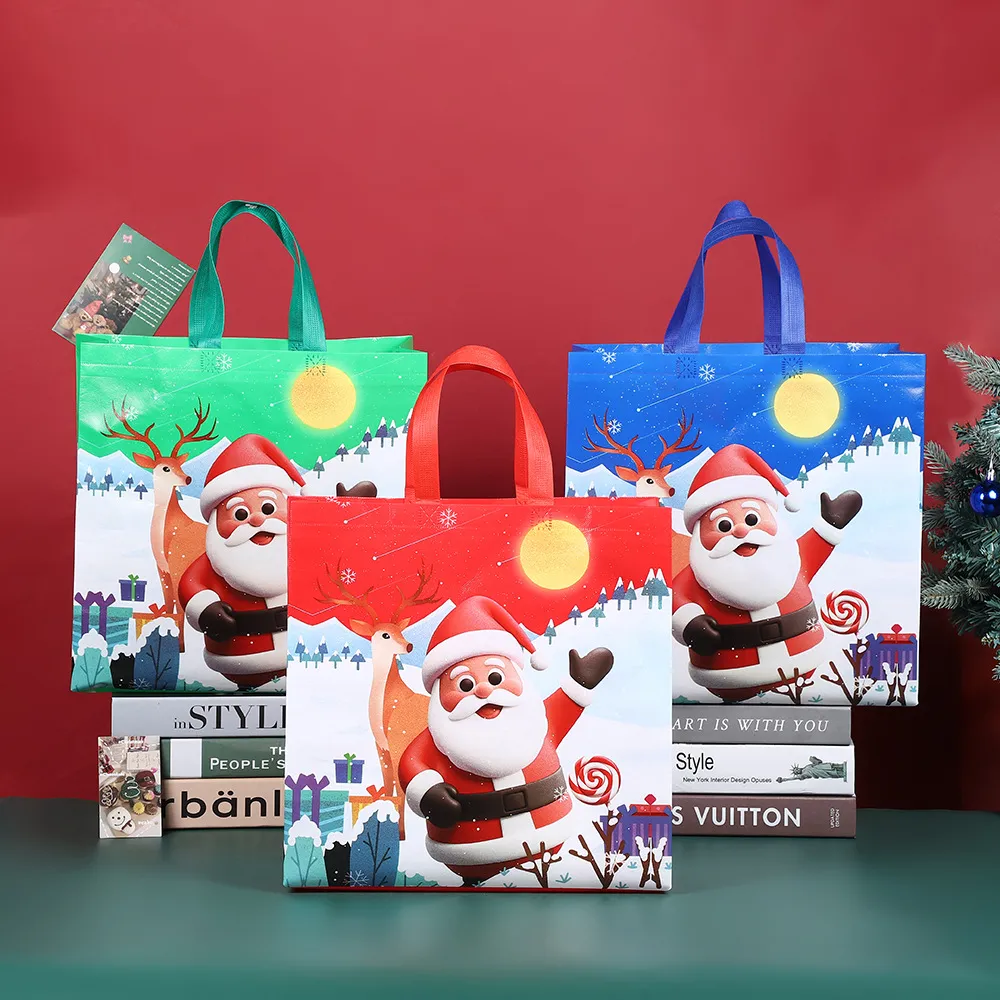 Christmas Non Woven Gift Packaging Bag Cartoon Santa Claus Tree Pattern Tote Shopping Bag For Holiday Party Gift