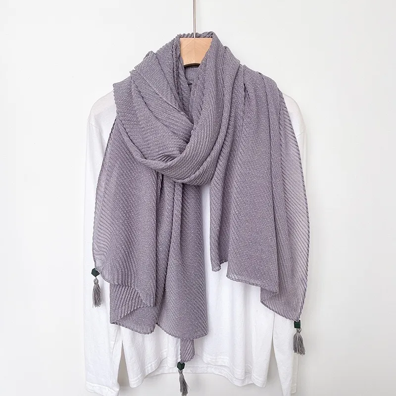 Women Literary Retro Minimalist Solid Color Pleated Fringe Thin Scarf Elegant Fashion Cotton Linen Long Scarf Shawl