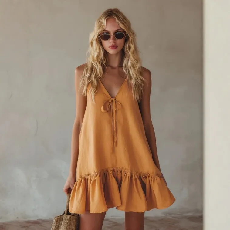 Women V Neck Sleeveless Ruffle Dress Polyester Retro Vacation Style Solid Color Mini A-Line Summer Sun Dress With Tie Knot