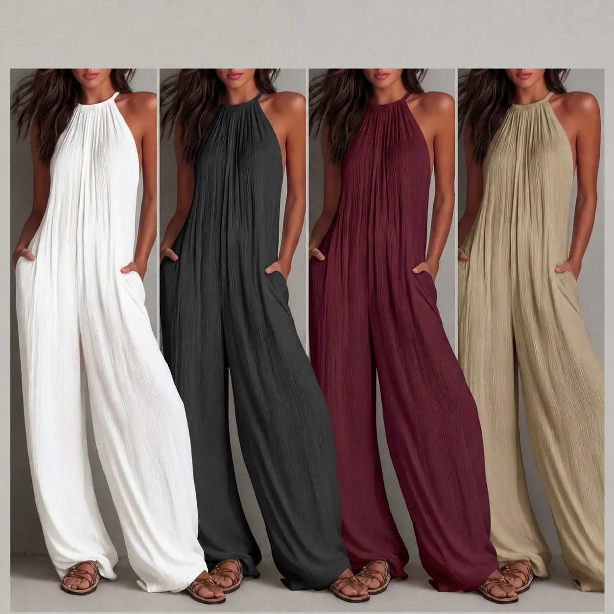 Women's Sexy Backless Halter Neck Pleated Jumpsuit Wide Leg Loose Romper Elegant Sleeveless Solid Color Jumpsuit For Vacation Summer Beach Wear