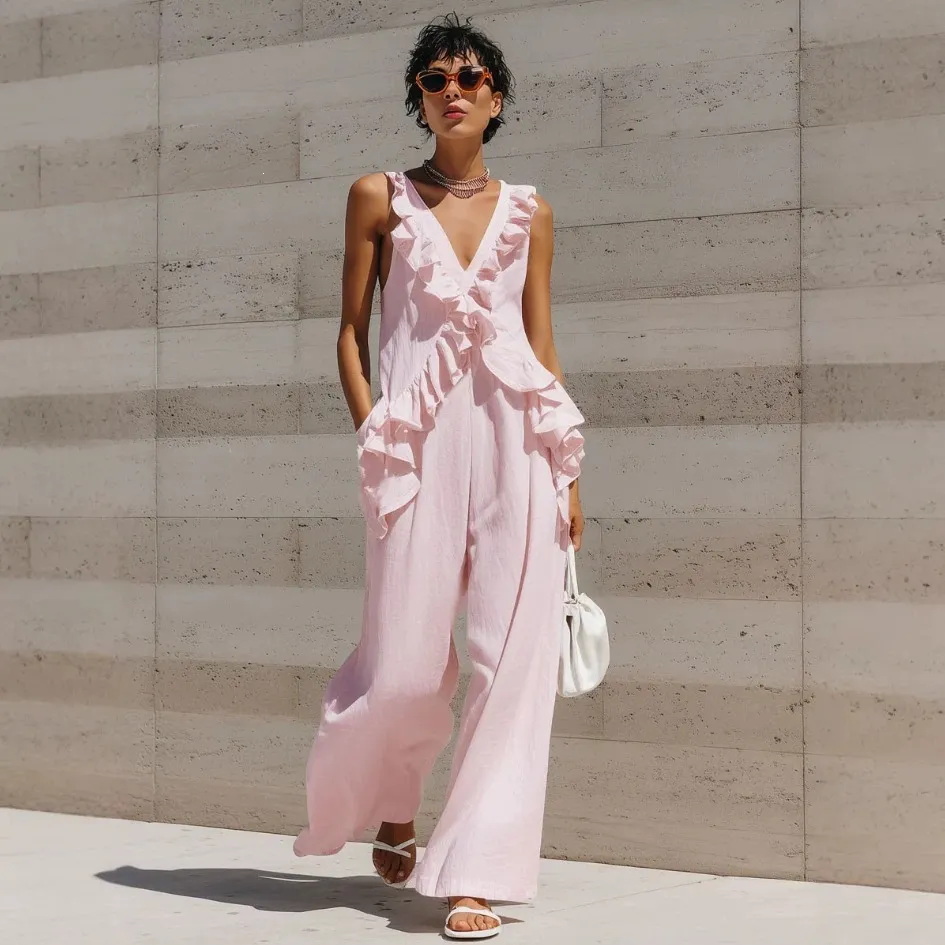 Women's Summer Sleeveless V-Neck Ruffle Jumpsuit Bohemian Solid Color Wide Leg Long Pant Set For Vacation Beach Wear
