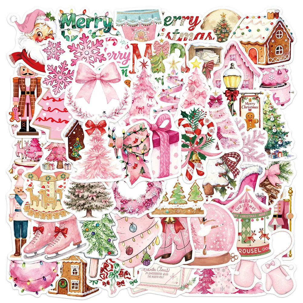 Roze Kerststickers Schattige Cartoon Stickers Waterdicht Zelfklevend Set Voor Laptop Dagboek DIY Decoratie