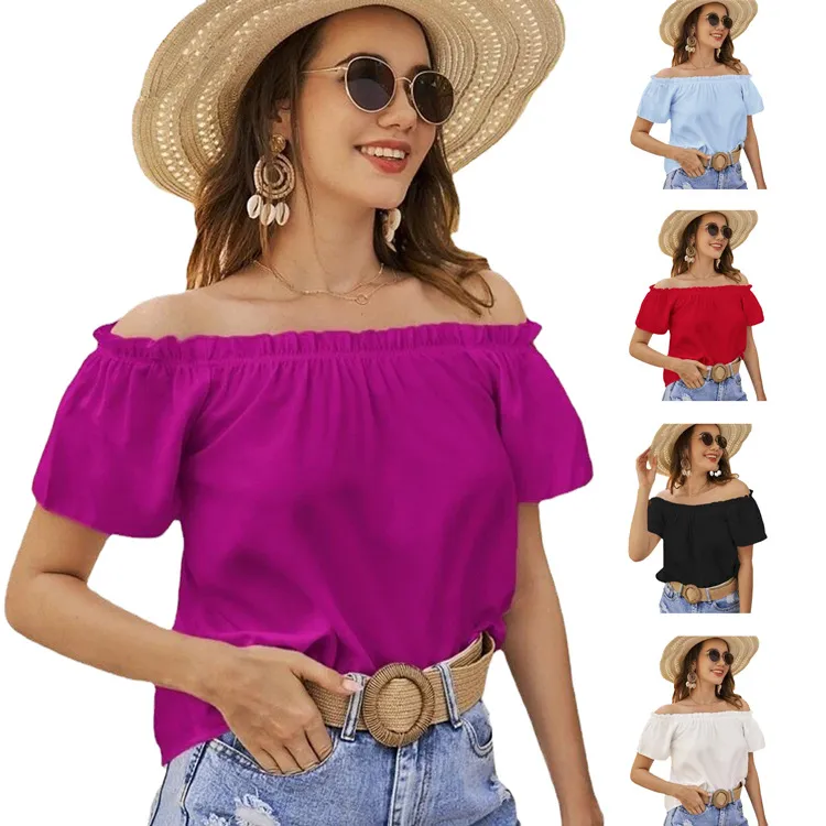 Damen Casual Off Shoulder Rüschen Bluse Kurzarm Polyester Einfarbig Süßer Stil Lockeres Top