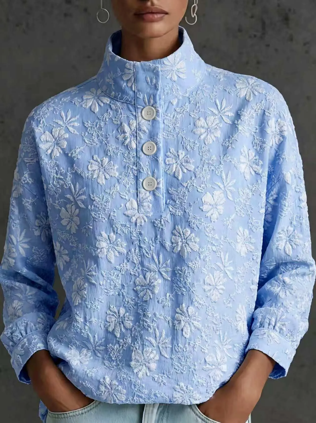 Women Casual Long Sleeve Stand Collar Half Placket Pullover Top Drop Shoulder Polyester Floral Versatile Fashion Blouse