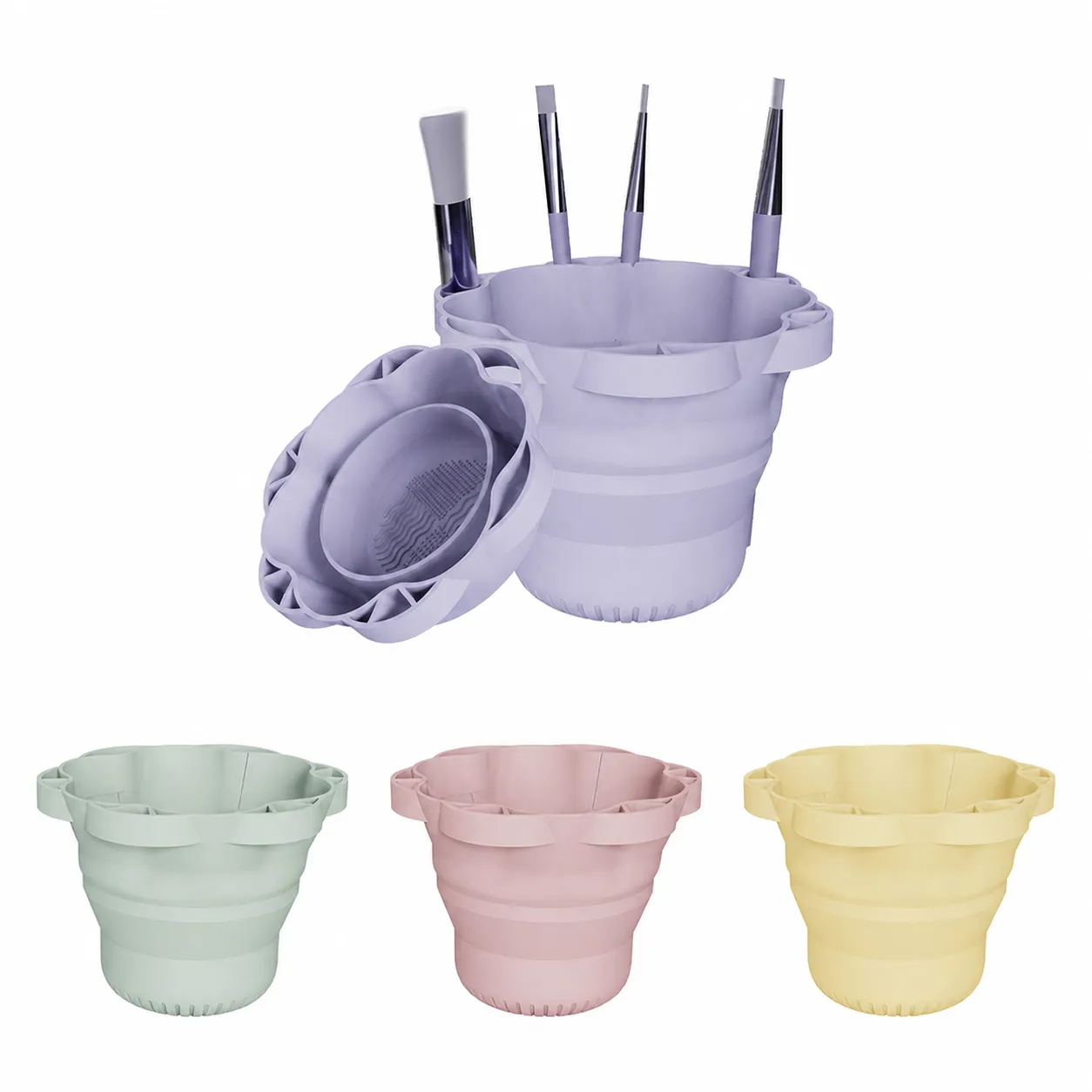 Foldable Silicone Makeup Brush Cleaning Bowl Portable Cosmetic Brush Cleaner Mat Tool With Drying Rack Storage Slot