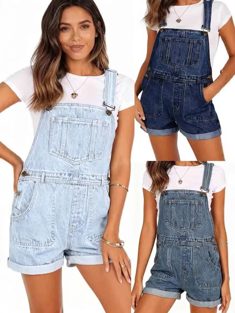 Women Casual Denim Overalls Jumpsuit Vintage Washed Blue Pocket Loose Short Pants Summer Streetwear Romper