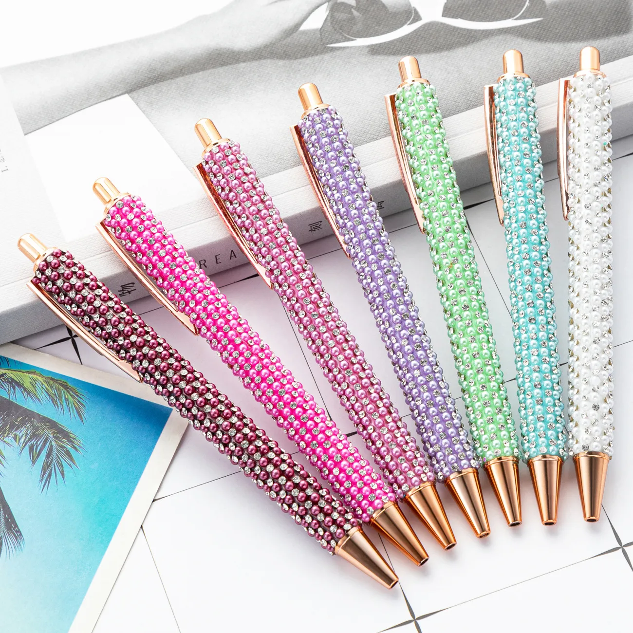 Luxury Metal Ballpoint Pen Press Style Artificial Pearl And Rhinestone Decorated Business Office Writing Gift Pen