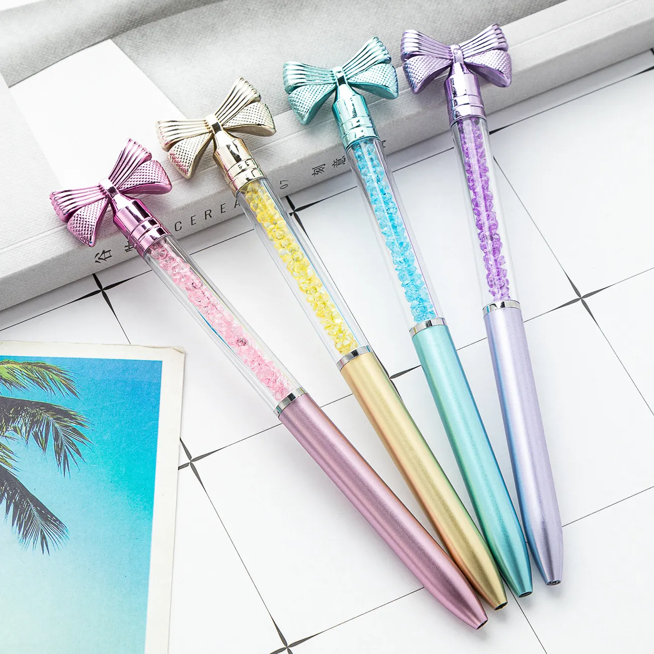 Creative Plastic Bowknot Crystal Ballpoint Pen Rotary Cute Gift Promotional Advertising Pens Student Stationery Writing Pen