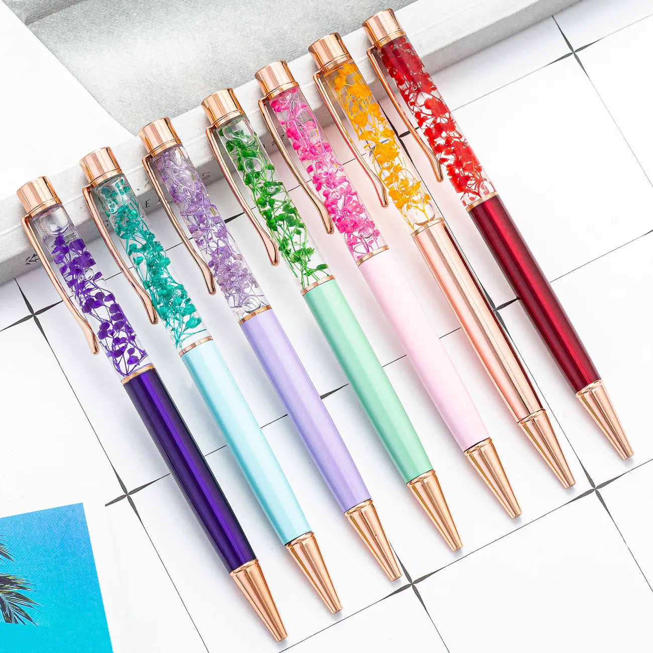 Creative DIY Dried Flower Liquid Ballpoint Pen Rose Gold Metal Cute Crystal Oil Pen Office School Writing Gift Stationery