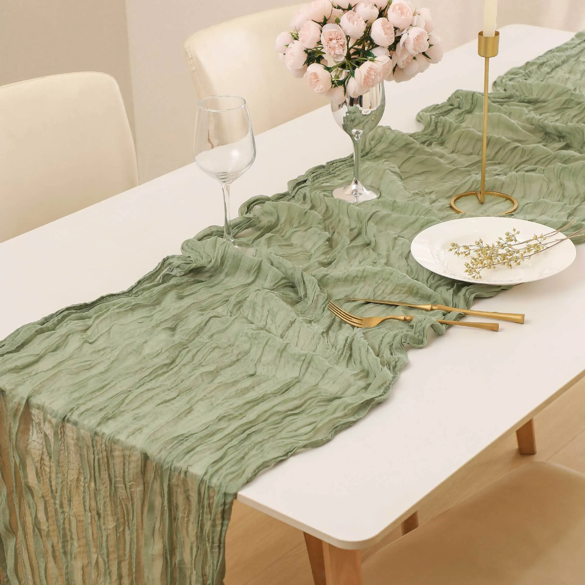Chemin de Table en Gaze Bohème Nappe Transparente Froissée En Mousseline Pour Fête de Mariage Décoration de Table à Manger