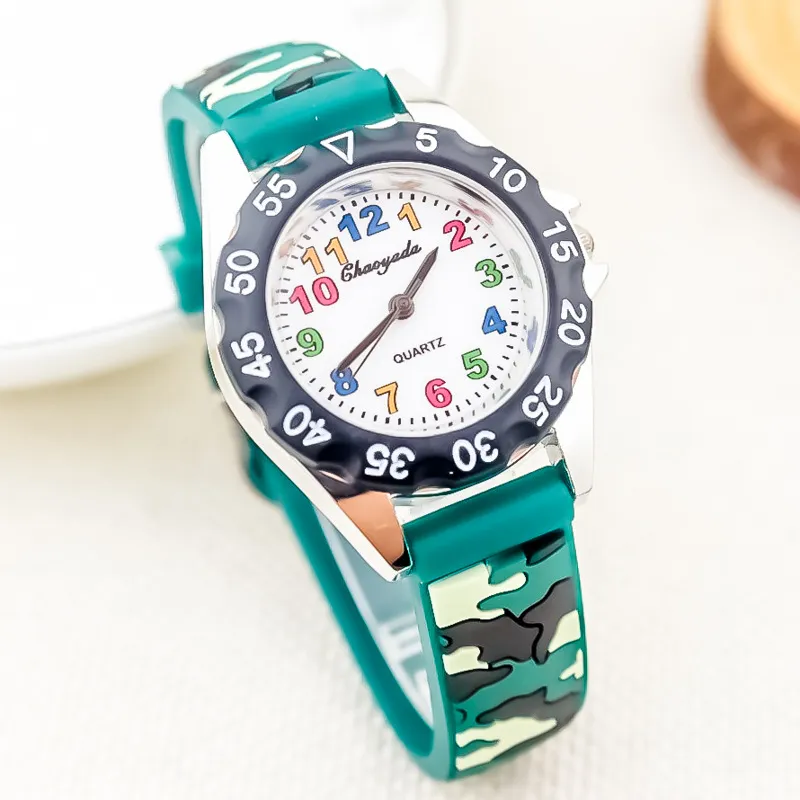 Kinder Quartshorloge Waterdicht Siliconen Camouflage Band Kleurrijke Digitale Wijzerplaat Casual Mode Jongens Horloge