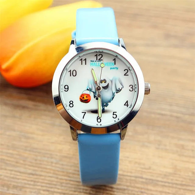 Reloj de Cuarzo para Niños Patrón de Fantasma y Calabaza de Halloween Manecillas Luminosas Correa de Cuero Artificial Reloj