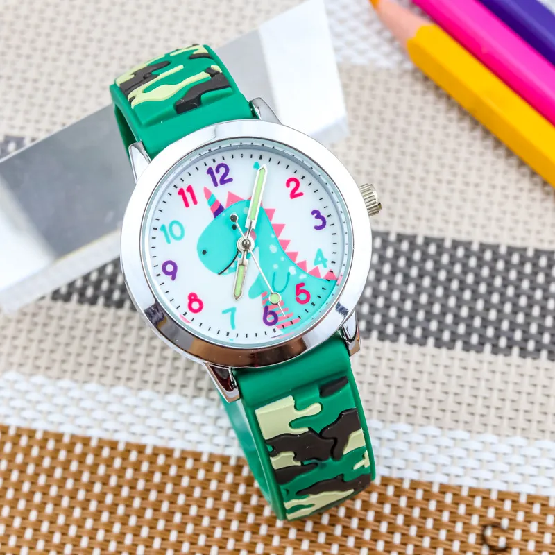 Orologio al Quarzo con Dinosauro Cartone Animato per Bambini Cinturino in Silicone mimetico Orologio da Polso Regalo