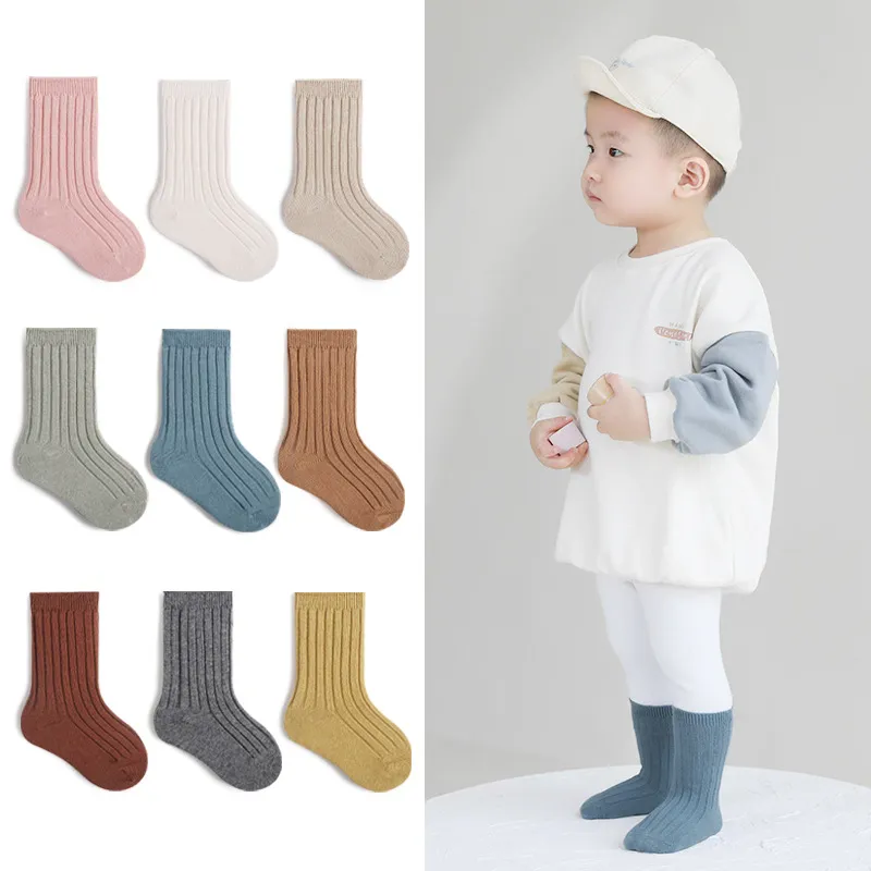 Calcetines de Media Pantorrilla de Algodón para Niños Primavera Otoño Color Sólido Doble Aguja Transpirable Suave Casual Calcetines Infantiles Uso Diario