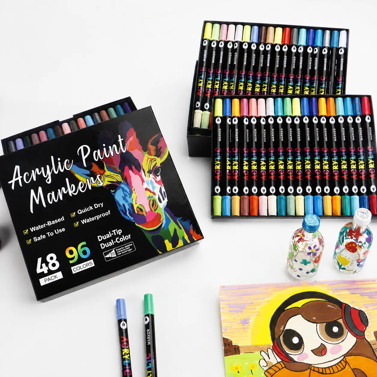 Acrylic Paint Markers Dual Tip Dual Color Art Markers Set For Kids Drawing DIY Graffiti School Office Supplies