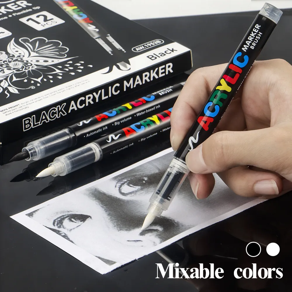 Direct Liquid Acrylic Paint Marker Pens Black And White Highlight Marker Pens Waterproof Art Drawing Pens For DIY Craft