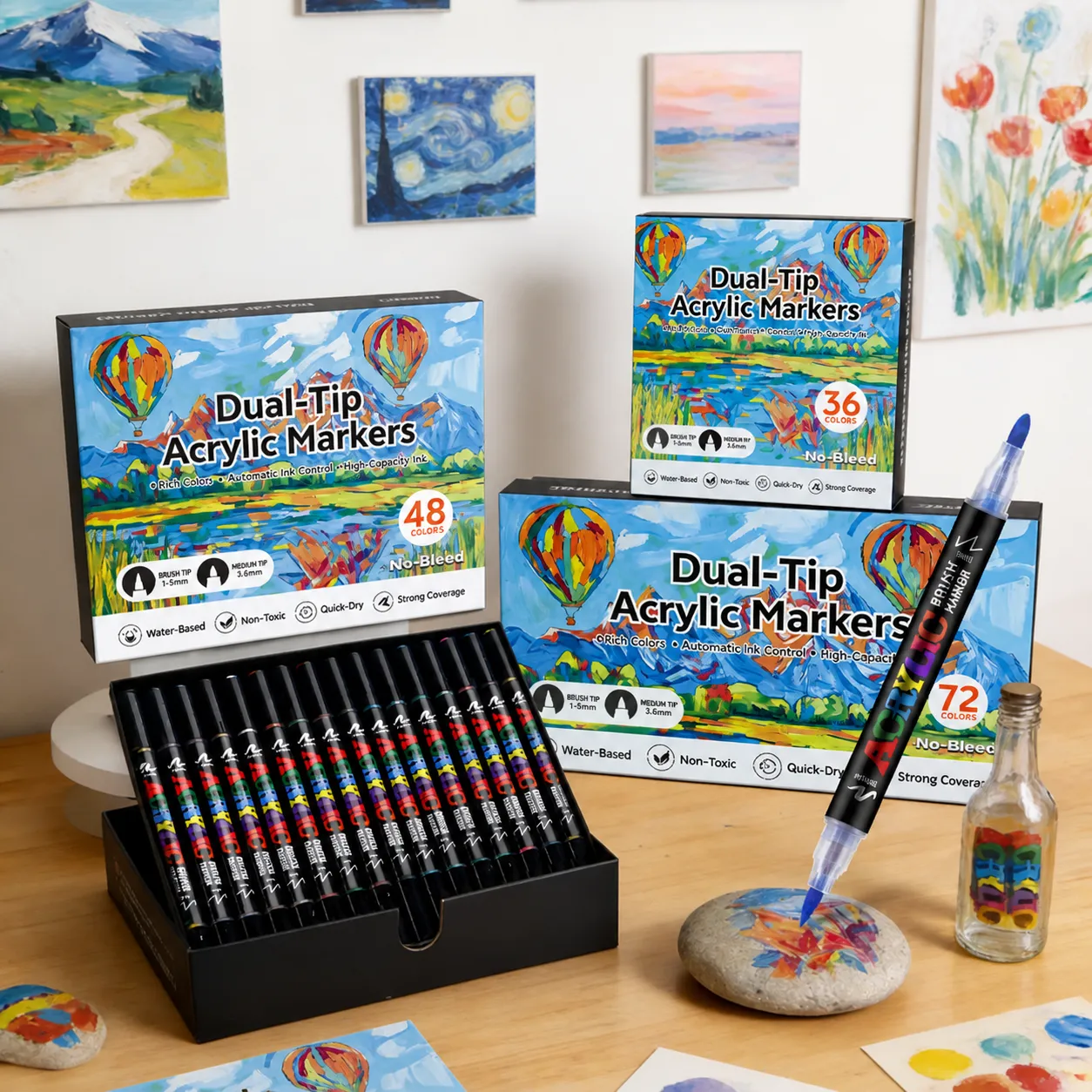 Bolígrafos Rotuladores Acrílicos de Doble Punta Set de Caja de Regalo Rotuladores de Arte Base de Agua Secado Rápido para Dibujo