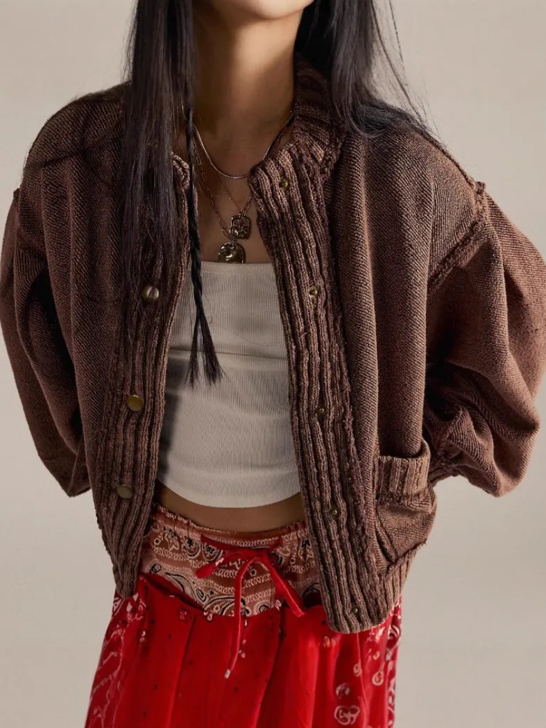 Women's American Retro Ribbed Knit Cardigan Loose Fit V-Neck Button Up Sweater Coat Distressed Long Sleeve Knitwear Top