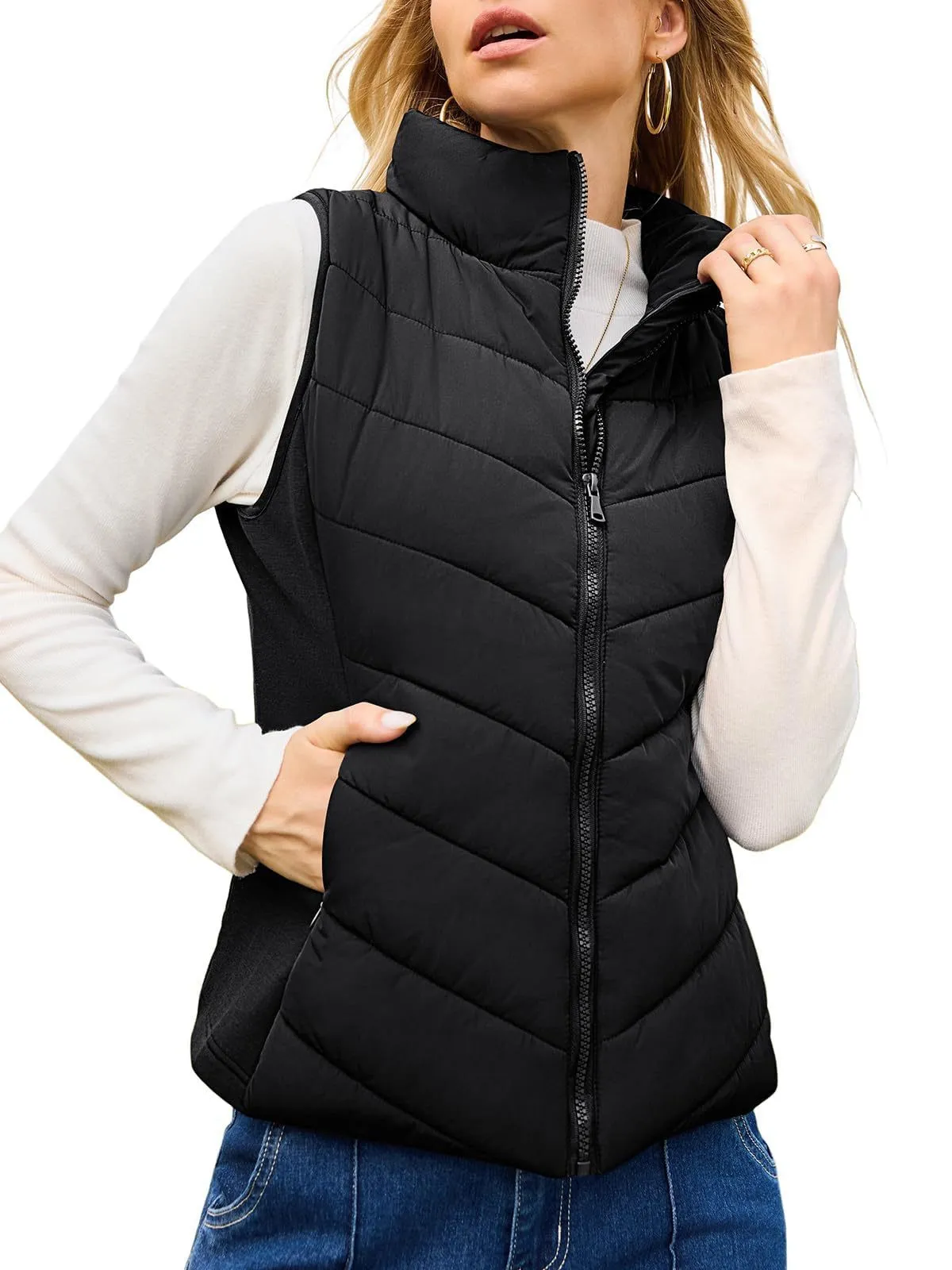 Women Stand Collar Quilted Puffer Vest Sleeveless Zipper Closure Padded Gilet Casual Winter Outerwear Warm Polyester Waistcoat
