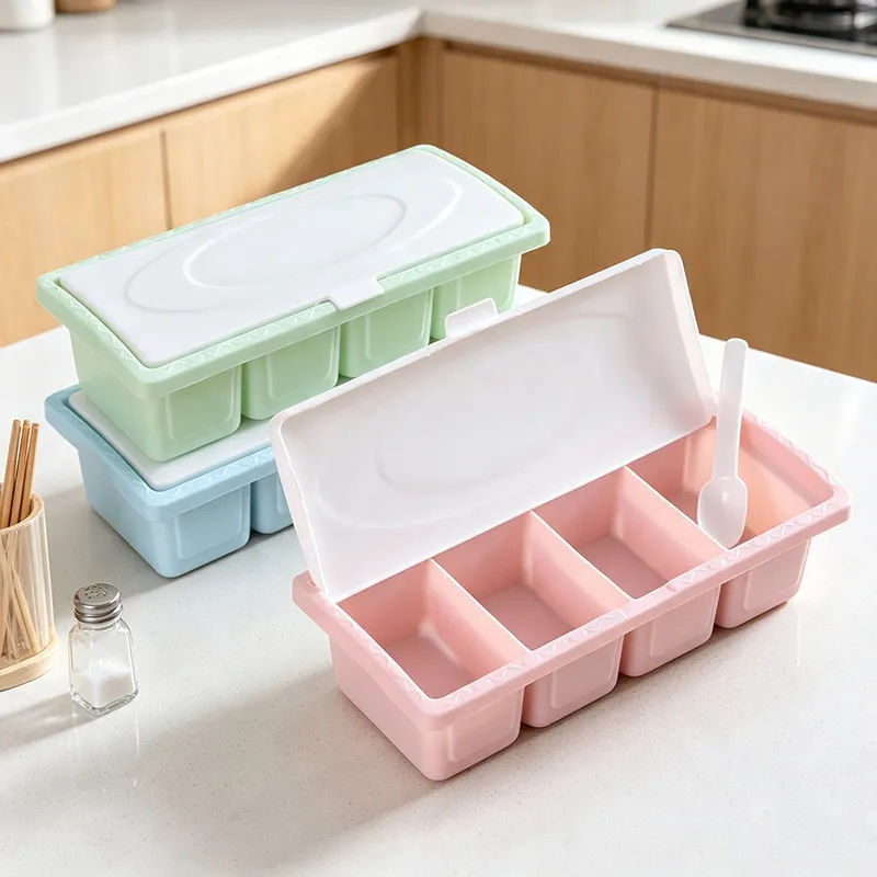 Multifunctional 4-Grid Plastic Seasoning Box Kitchen Spice Container with Lid and Spoon Salt Storage Organizer