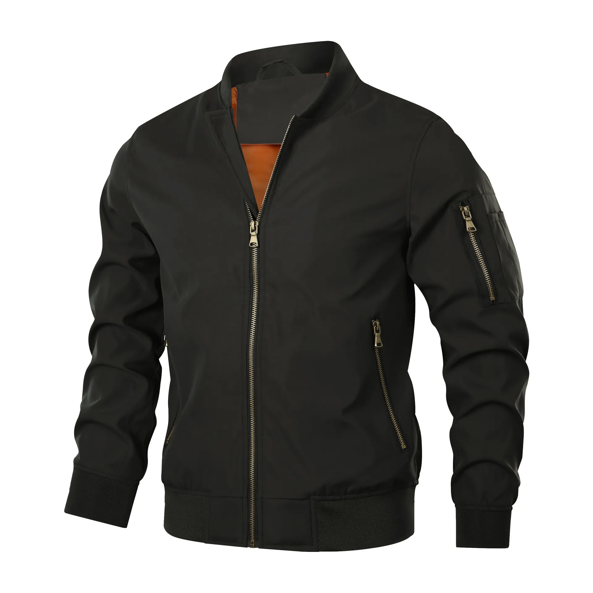 Men Retro Bomber Jacket Stand Collar Zipper Windproof Waterproof Breathable Polyester Top Casual Flight Jacket Outerwear