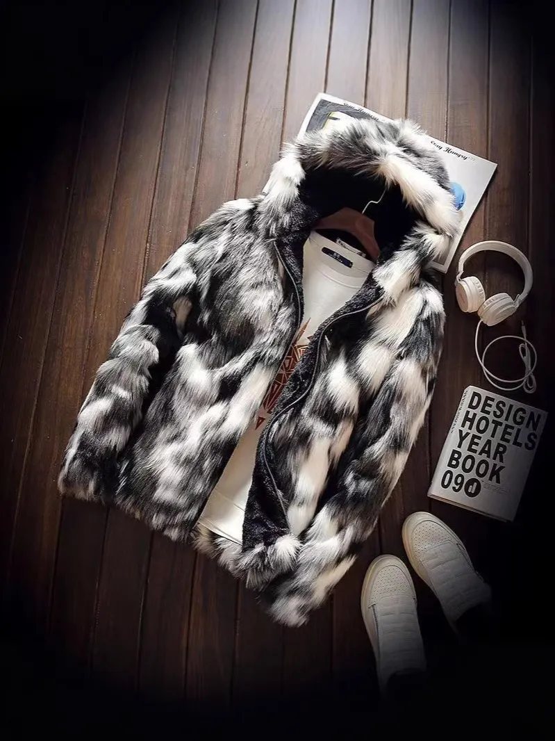 Heren Faux Bontjas Met Capuchon Winter Pluche Jas Warm Kunstbont Bovenkleding Spatpatroon Slim Fit Heren Top