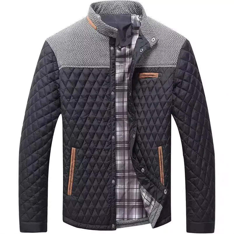 Herren Casual Rautensteppjacke Wattiert Kontrast Schulter Patchwork Stehkragen Winter Warm Verdickte Baumwolle Mantel Top